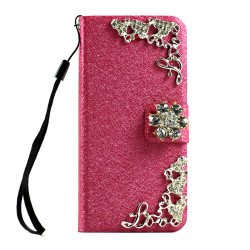 iPhone 5 5S Crystal Flip Leather Wallet Case with Stand Strap (Mini Flower Pink)